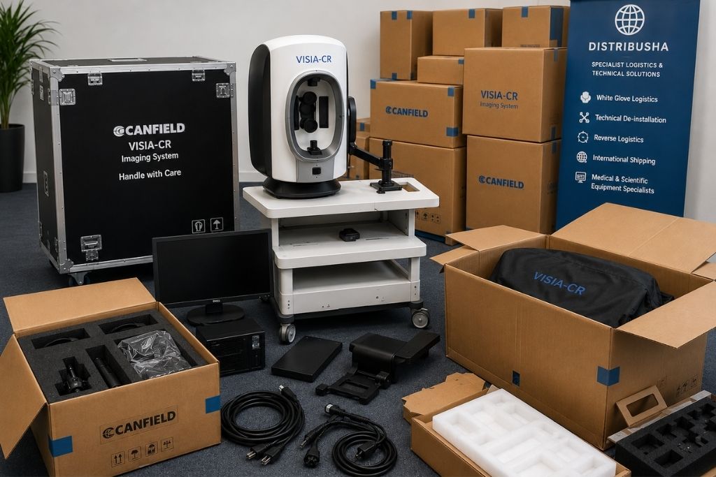 Canfield VISIA-CR imaging system being dismantled and packed into original Canfield cases and foam inserts by Distribusha, with monitor, PC, camera parts and cabling laid out for return shipping. Illustrates Distribusha's white glove technical reverse logistics for specialist medical and scientific equipment.