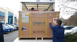Crated Vatech Green X dental X-ray system on a pallet during white glove delivery by a Distribusha courier
